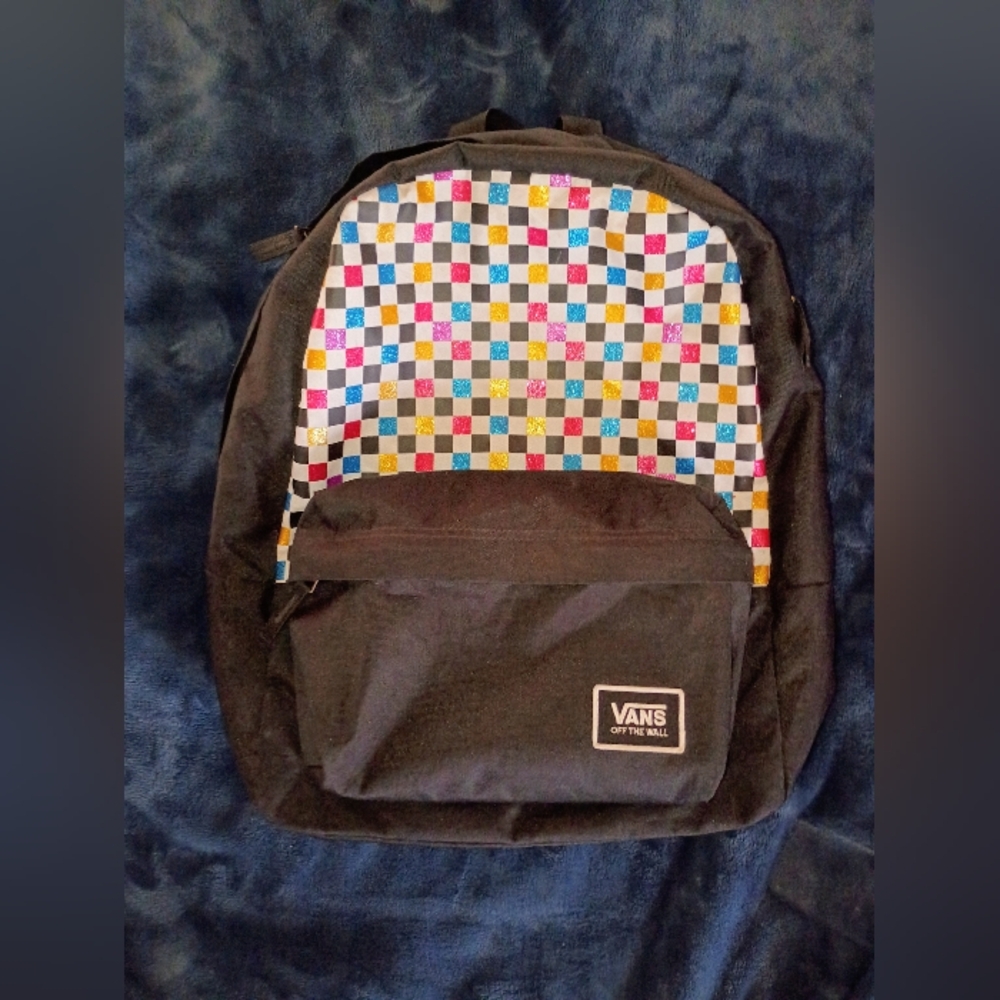 Vans Backpack w/ Colorful Sparkly Checkered Pattern & Matching Lunch Bag - Picture 2 of 7